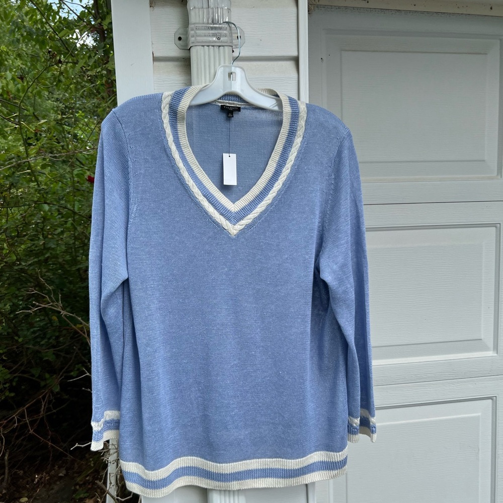 NWT Talbots Pretty Blue White Stripe V-Neck 100% Linen Sweater
